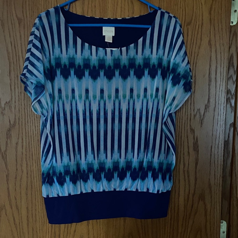 Chico's Blue and Teal Striped Ikat-Style Short Sleeve Top